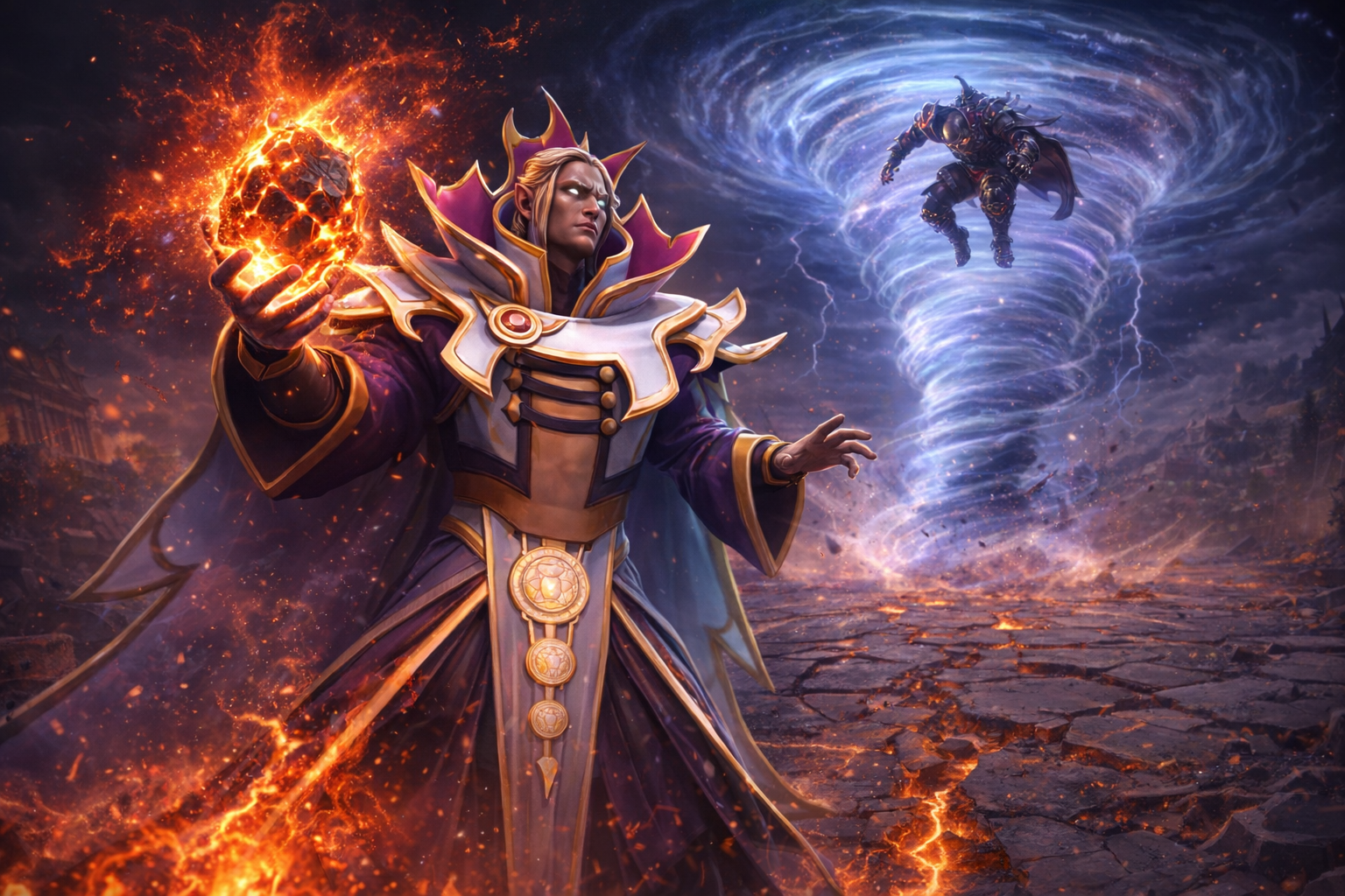Invoker setting up Meteor Hammer under a Tornado target