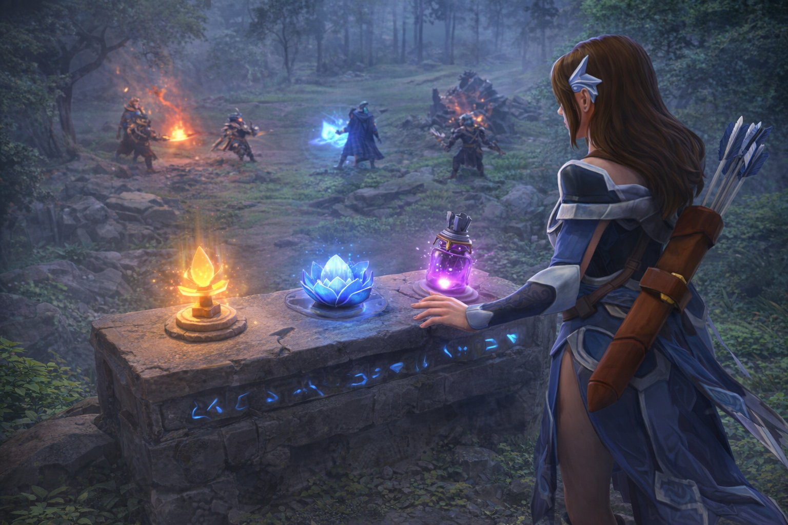 Mirana weighing utility item choices before a teamfight