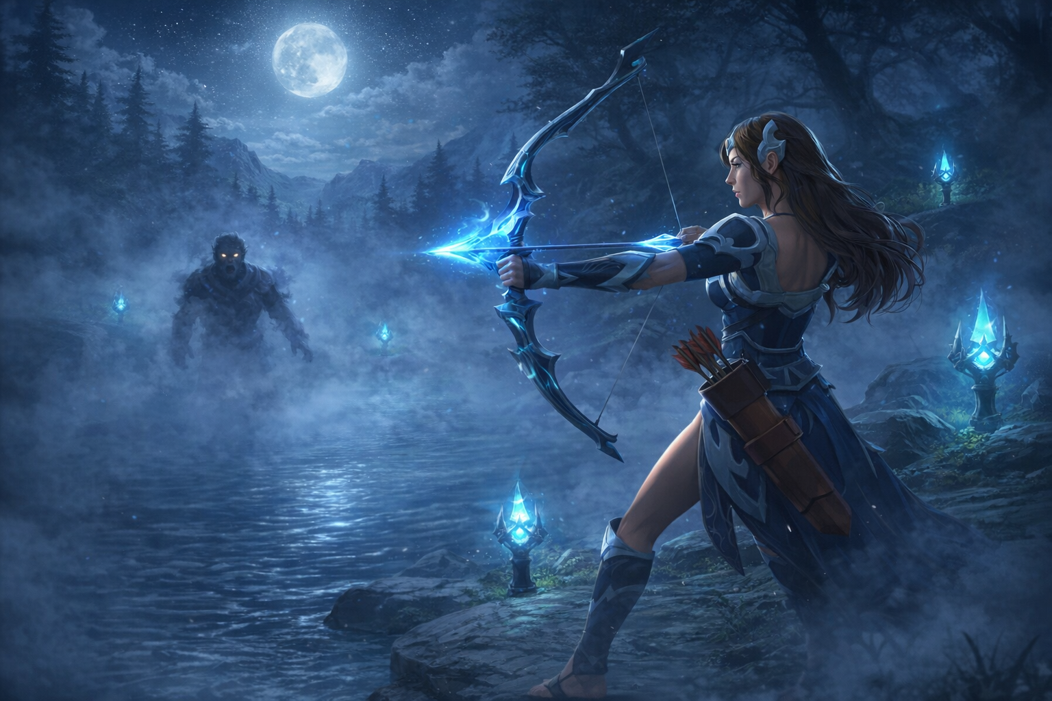 Mirana preparing a Sacred Arrow follow-up from fog